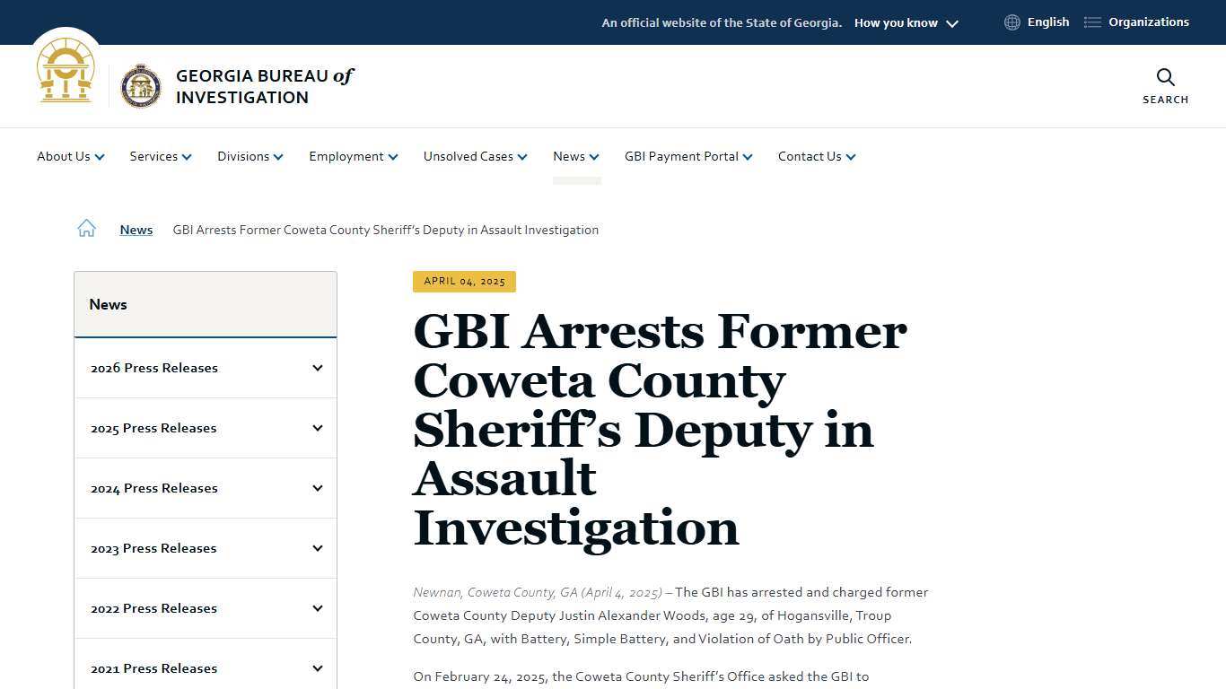 GBI Arrests Former Coweta County Sheriff’s Deputy in Assault Investigation Georgia Bureau of Investigation